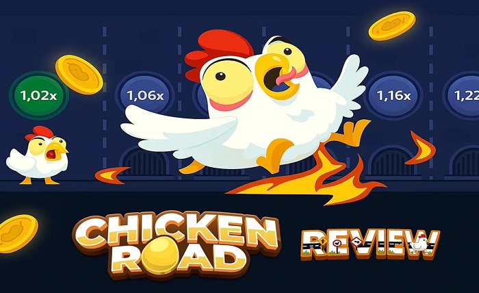 Cartoon chickens running through Chicken Road game with flying coins and the Chicken Road Review title.